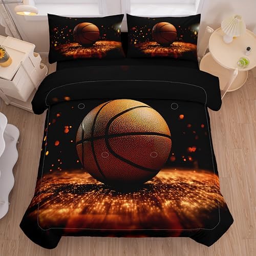 Helloosun 5PCS Basketball Bedding Full,Boys Sports Comforter Set,Full Basketball Comforter for Boys,Red and Black Court Bed Set