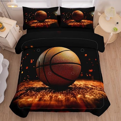 Helloosun 5PCS Basketball Bedding Full,Boys Sports Comforter Set,Full Basketball Comforter for Boys,Red and Black Court Bed Set