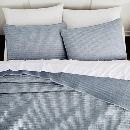 WDCOZY Chambray Blue King Size Pick Stitch Quilt Set 3 Pieces 104x90 inches