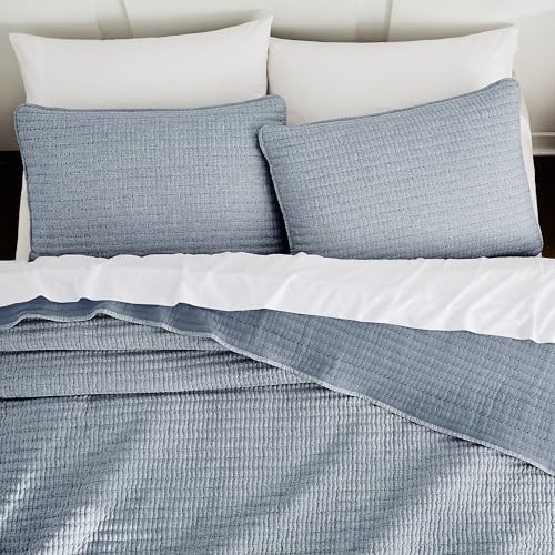 WDCOZY Chambray Blue Queen Size Pick Stitch Quilt Set 3 Pieces 90x90 inches