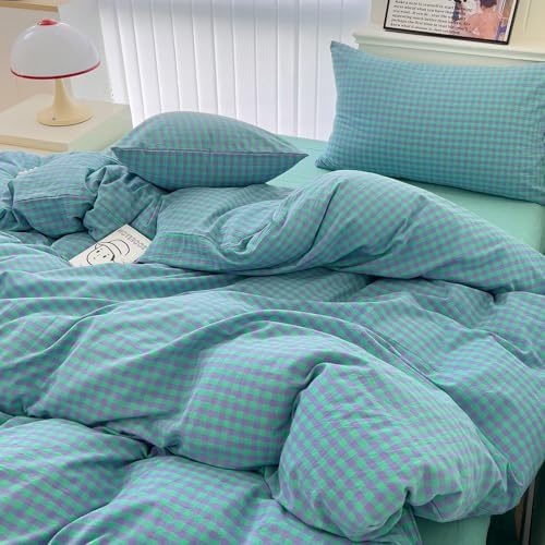 LifeTB Green Gingham Comforter Set Full Modern Style Green Purple Plaid Comforter Set Fluffy Soft Farmhouse Gingham Bedding Comforter 3 Pieces Grid Checkered Pattern Comforter with 2 Pillowcases