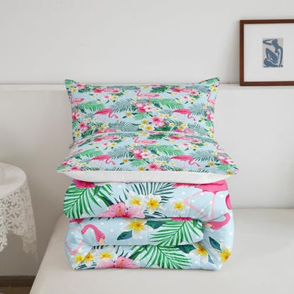 Pink Flamingo Kids Comforter Set Queen Size,Palm Leaves Flowers Rustic Bedding Set,Boys Girls Adults Room Decor,Tropical Plants Animals Dots Down Comforter,Blue Dreamy Duvet Insert,2 Pillowcases