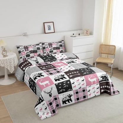 Homewish Bear Silhouette Full Size Comforter Set,Pink Gray Grid Bedding Set for Adults Teens,Children Stars Arrow Comforter Luxury Rustic Farmhouse Quilt Set Room Decor 3Pcs