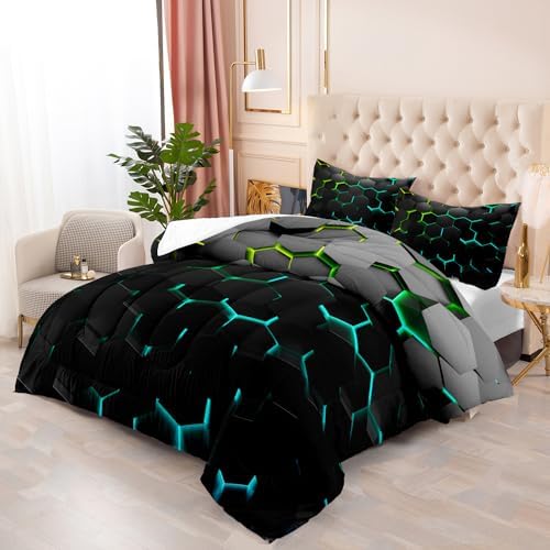 Geometric Green Black Neon Comforter Set,Light Honeycomb 3 Piece Bedding Set Twin for Teen Boys,Modern Bedding Quilt Set Geometry Decor,Microfiber Lightweight 1 Comforter 2 Pillowcases All Season