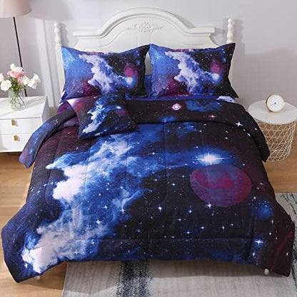 JQinHome Full Galaxy Comforter Sets 6 Piece Bed in A Bag, Outer Space Themed Bedding for Children Boy Girl Teen Kids - (1 Comforter, 1 Flat Sheet, 1 Fitted Sheet, 2 Pillowshams, 1 Cushion Cover)