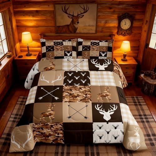Kids Deer Antler Animal Comforter Set King Size,Brown Camo Xmas Bedding Set,Girls Boys Adults Bedroom/Cabin Decor,Plaid Patchwork Vintage Down Comforter,Boho Arrows Duvet Insert,3pcs,2 Pillowcases