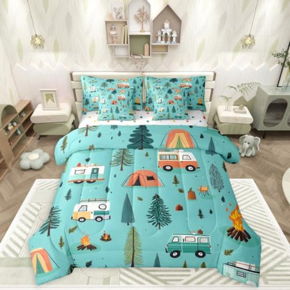 Erosebridal Happy Camping 7 Pieces Bedding Set Queen Size,Camper Camping Theme Bed in a Bag,Travel Car Rv Bed Set Includes Comforter,Sheet Set,Pillowcases & Pillow Covers,Botanical Trees Bedroom Decor