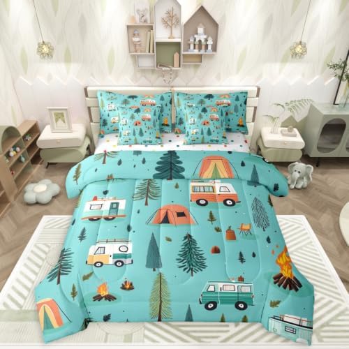 Erosebridal Happy Camping 7 Pieces Bedding Set King Size,Camper Camping Theme Bed in a Bag,Travel Car Rv Bed Set Includes Comforter,Sheet Set,Pillowcases & Pillow Covers,Botanical Trees Bedroom Decor