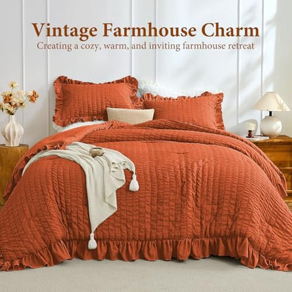 JOLLYVOGUE King Comforter Set, 3 Pieces Seersucker Comforters King Size, Lightweight & Fluffy Bedding Sets King for All Season with 1 Ruffle Comforter and 2 Ruffle Pillowshams, Burnt Orange