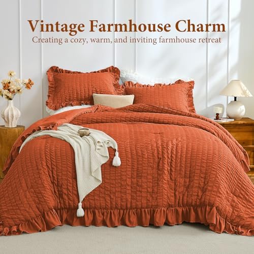JOLLYVOGUE Burnt Orange Twin Size Comforter Set, 2 Pieces Seersucker Lightweight Fluffy Bedding Set, Twin Ruffle Comforter, All Season Soft Microfiber Shabby Chic Bed Set
