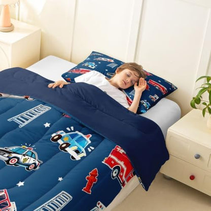 Feelyou Fire Truck Comforter Set Toddler Size Police Car Bedding Set for Kids Boys Girls Ambulance Cartoon Car Duvet Quilt Bedroom Decor Microfiber 2 Pcs with 1 Pillow Case
