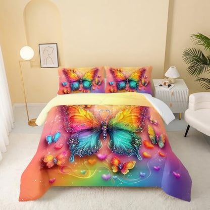 QOOMO Rainbow Butterfly Kids Comforter Set Twin Size