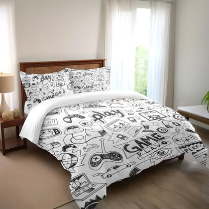 Gaming Comforter Sets for Boys Teen Twin Size,Kids Video Games Bedding Set Sketch Style Athletic Racing Game Design Bedroom Home Decor