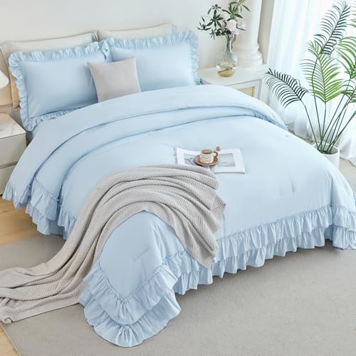 ANGIYUIN 5Pcs Queen Ruffle Comforter Sets Light Blue Double-Layer Ruffled Bedding Sets Vintage Farmhouse Bed Sets Solid Elegance Ruched Bed in A Bag for Women(Light Blue Queen)