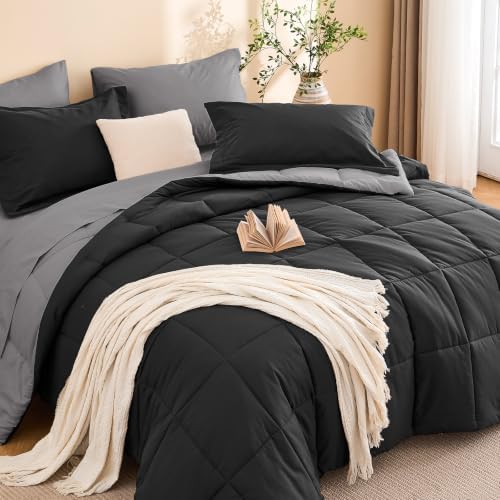 Queen Comforter Set with Sheets - 7 Pieces Bed in a Bag Black Bedding Sets