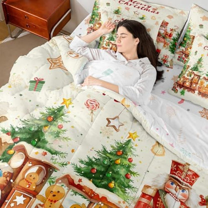 Erosebridal Merry Christmas 7 Piece Bedding Set King Cute Nutcracker Comforter Set with Sheets Xmas Vintage Farmhouse Bed in a Bag Yellow Kawaii Gingerbread Man Bed Sets Comforter