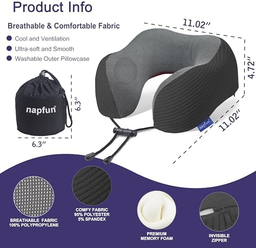 napfun Neck Pillow for Travel, Memory Foam Airplane Pillow, Charcoal Black