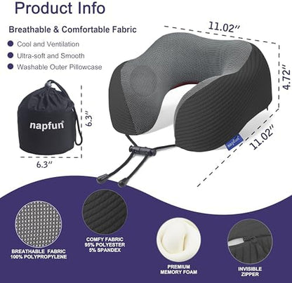 napfun Neck Pillow for Travel, Memory Foam Airplane Pillow, Charcoal Black