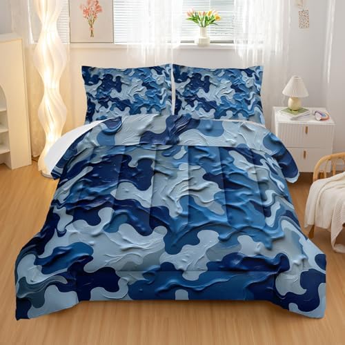 Nttopship Camouflage Bedding Set,Blue Camouflage Pattern Style Full Comforter Set for Adult Teens Camo Bed in A Bag 3 Pieces,Camo Pattern Room Decor with Comforter and 2 Pillow Case