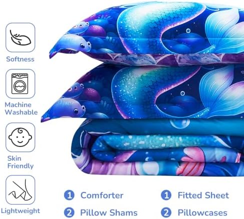 Viviland Kids Bedding Set Twin Size Comforter Sets, Bed in Mermaid Cover Set for Children