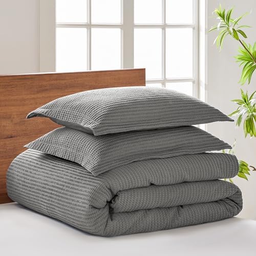 Levtex Home Cloud Waffle Full/Queen Comforter Set (90x94in) with 2 Pillow Shams (26x20in) - Solid Waffle Cotton Texture - Grey - 100% Cotton Full/Queen Size Comforter Set - Soft, Pre-Washed