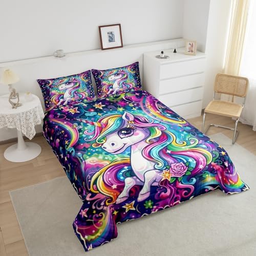 Castle Fairy Kids Unicorn Comforter Queen Size Girly Cartoon Animal Bedding Set Cute Watercolor Unicorn Print Duvet Set Children Boys Girls Unicorns Duvet Set, Rainbow Star Reversible Down Comforter