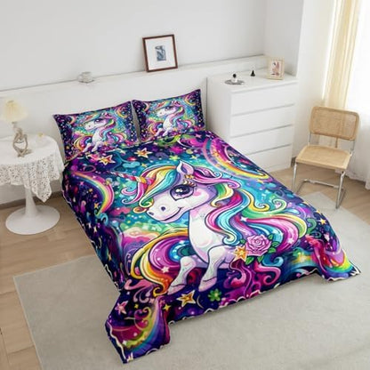 Castle Fairy Kids Unicorn Comforter King Size Girly Cartoon Animal Bedding Set Cute Watercolor Unicorns Print Duvet Set Children Boys Girls Unicorn Duvet Set, Rainbow Star Reversible Down Comforter