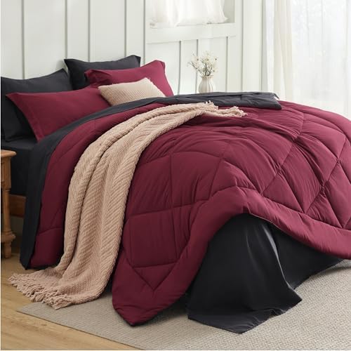 Bedsure Queen Bed in a Bag Reversible Bed Set 7 Pieces Red/Black