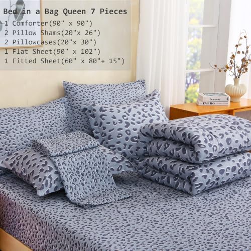 lasoftan Leopard Queen Comforter Set with Sheets, 7 piece Luxury Vintage Bedding, Soft Microfiber Bed in a Bag, Cozy Lightweight Bed Set, Grey Cheetah Print
