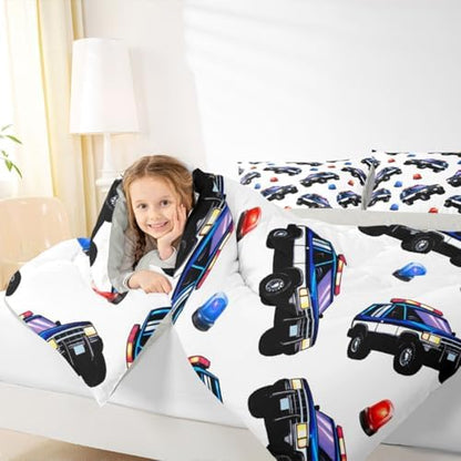 Feelyou Police Car Comforter Set Queen Size Policeman Vehicle Bedding Set for Kids Boys Girls Automobile Duvet Quilt Bedroom Decor Microfiber 3 Pcs with 2 Pillow Cases