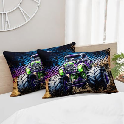 AILONEN Queen Comforter Set 3 Piece, Purple Green Off Road Truck 3D Printed Bedding with 2 Pillowcases, Soft Lightweight Microfiber Mud Trail Decor for Master Suite