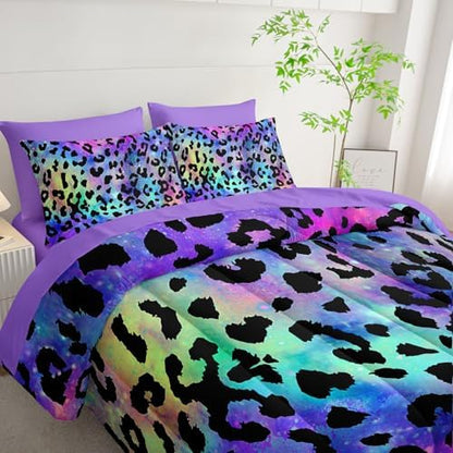 7Pcs Comforter Set Purple Leopard Printed Bedding Set with 1 Comforter, 1 Flat Sheet, 1 Fitted Sheet and 4 Pillowcases for Boys and Girls Bedroom All Season(Twin)
