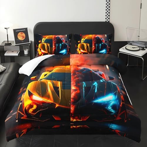 Boys Comforter Set Twin Size Race Car，Kids Twin Size Blue and Red Race Car Bedding Set，Race Car Quilt Twin with 1 Comforter with 2 Pillow Case，Kids Race Car Themed Bedroom Decor for Boys