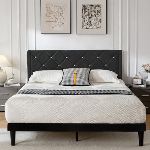 Full Size Platform Bed Frame with Velvet Headboard