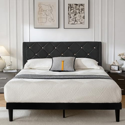 Full Size Platform Bed Frame with Velvet Headboard