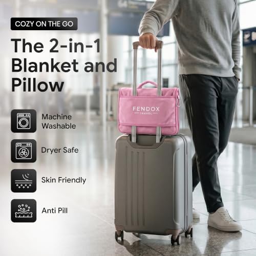 2-in-1 Travel Blanket and Pillow – Lightweight, Compact, Ultra Soft, Machine Washable – Handle, Luggage Sleeve, Backpack Clip – for Trave Airplane, Car, Office (light pink)