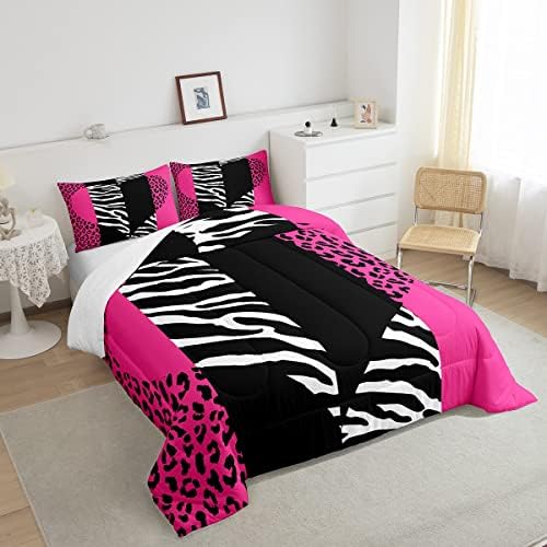 Castle Fairy Girls Leopard Zebra Comforter Set Queen Size Pink Wild Animals Fur Bedding Sets 3pcs for Kids Women Youth Room Decor Romantic Heart Abstract Quilted Duvet Patchwork Bedspread