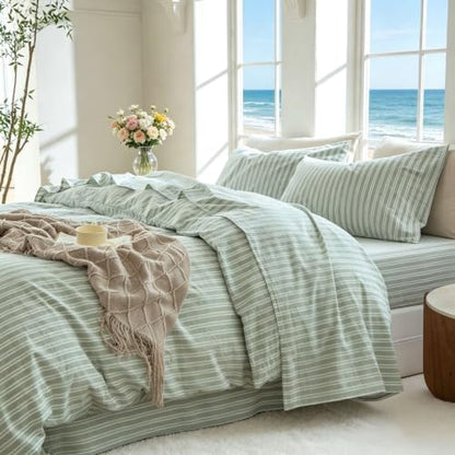 Striped Duvet Cover Set King Size 3 Piece 100% Washed Cotton Linen Like Textured Bedding Comfy Breathable (King, Double Stripe-Sage Green/White)