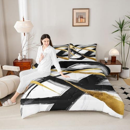 jejeloiu Black Gold Comforter Set Geometric Bedding Set King Size 3 Pcs