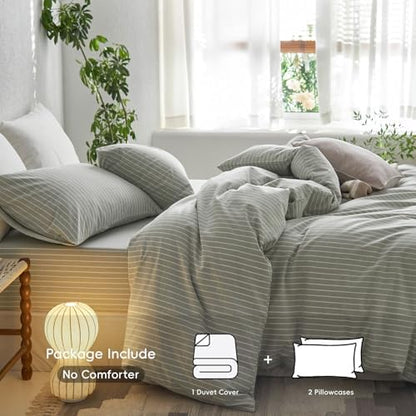MooMee Striped Duvet Cover Set 100% Washed Cotton Linen Like Super King