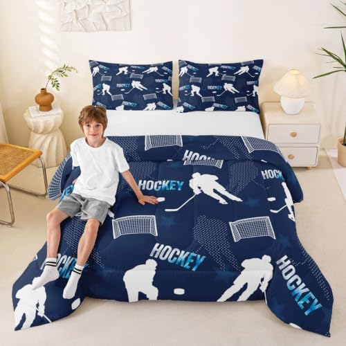 Castle Fairy Hockey Bedding Sets Full Size,White Silhouette Goal Comforter Set 3Pcs for Kids Girls Boys Youth Room Decor,Navy Blue Quilted Duvet Sports Theme Down Comforter,2 Pillowcases