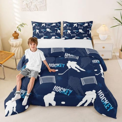 Castle Fairy Hockey Comforter Set King Size,White Silhouette Goal Bedding Sets 3Pcs for Teens Adult Woman Men Room Decor,Navy Blue Quilted Duvet Sports Theme Down Comforter,2 Pillowcases