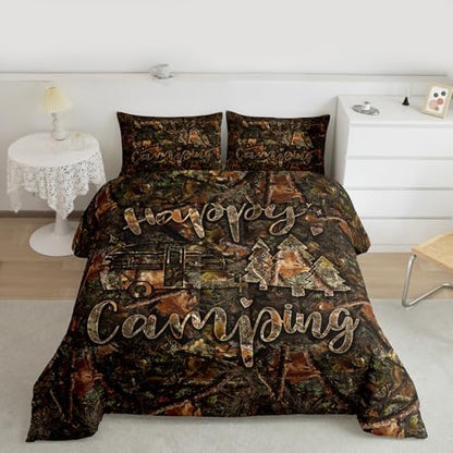 Manfei Camo Camping Kids Comforter Set King Size,Camper Travel Bedding Set,Rustic Dead Branch Down Comforter,Brown Farmhouse Duvet Insert,3pcs,2 Pillowcases,Adults Home Bedroom/RV Trailer Decor