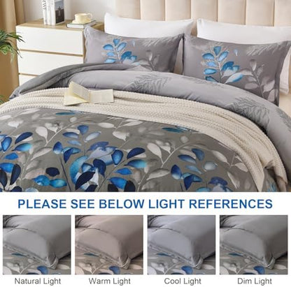 DJY King Size Comforter Set, Dark Grey Botanical Leaves Comforter Set King, 3 Pieces Reversible Blue Floral Bed Comforter Sets Soft Microfiber Bedding Comforter Set for All Season (90"x104")