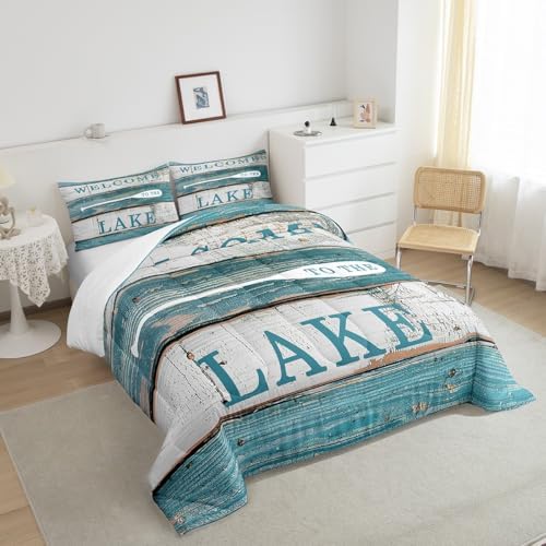 Lake House Comforter Set Twin Size, Rustic Cabin Farmhouse Style Bedding Set 2pcs, Blue Grey Wooden Plank Down Comforter for Women Adults Room Decor, Country Lake Life Luxury Bed Set for All Season