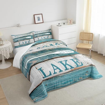 Lake House Comforter Set Queen Size, Rustic Cabin Farmhouse Style Bedding Set 3pcs, Blue Grey Wooden Plank Down Comforter for Women Adults Room Decor, Country Lake Life Luxury Bed Set for All Season