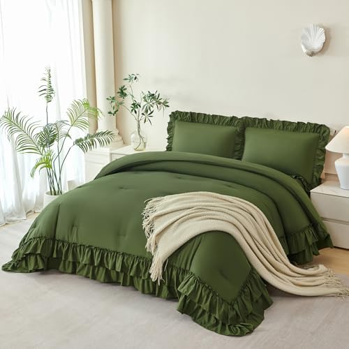 ANGIYUIN Twin Comforter Set - 5 Pieces Olive Green Ruffled Bedding Sets