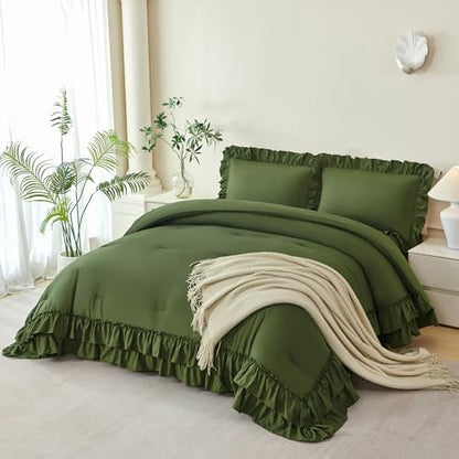ANGIYUIN Full Size Comforter Set 5 Pieces Olive Green Ruffle Bed in A Bag
