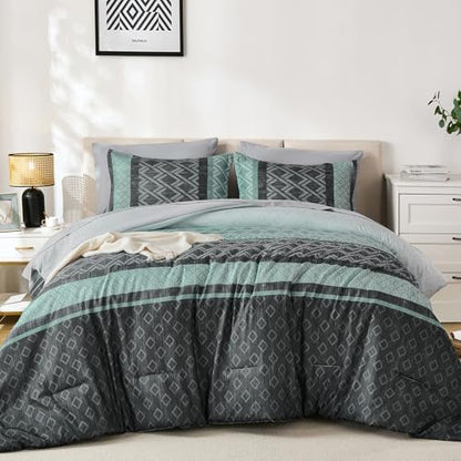 Boho Comforter Set King Size,Green and Grey Striped Bed in a Bag