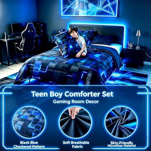 Erosebridal Black Navy Royal Blue Comforter Set King Neon Geometric Checkered Bedding Set for Teen Boys Gamer Room Decor,Abstract Stereoscopic Grids Quilt Square Plaid Check Bed Set 3 Pcs